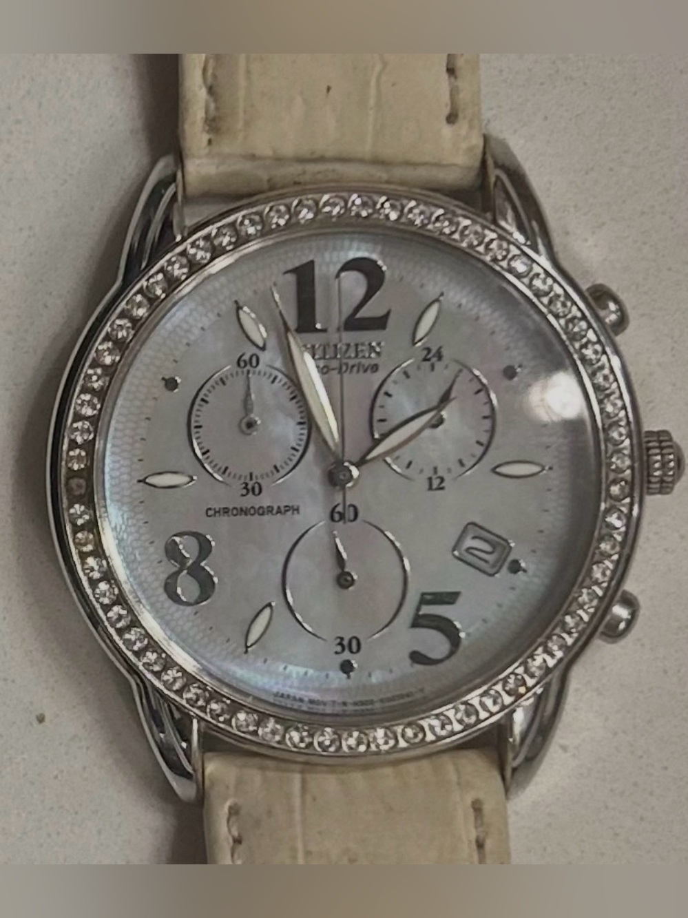Citizen Eco-Drive Mother of Pearl Chronograph Crystal Bezel Watch